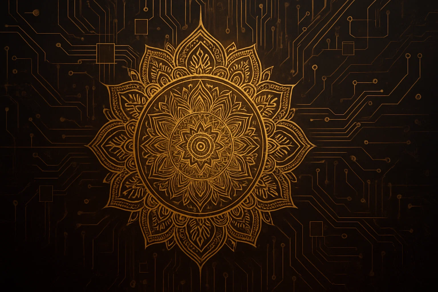 Vedic mandala blended with a modern neural network grid to symbolize mission